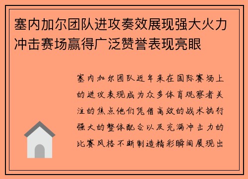 塞内加尔团队进攻奏效展现强大火力冲击赛场赢得广泛赞誉表现亮眼